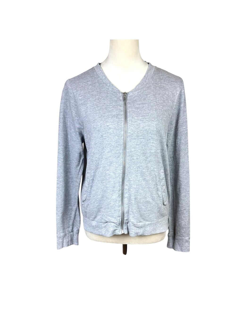 Lager 157 Gray Knit Collarless Full Zip Up Thin Simple Basic Bomber Jacket